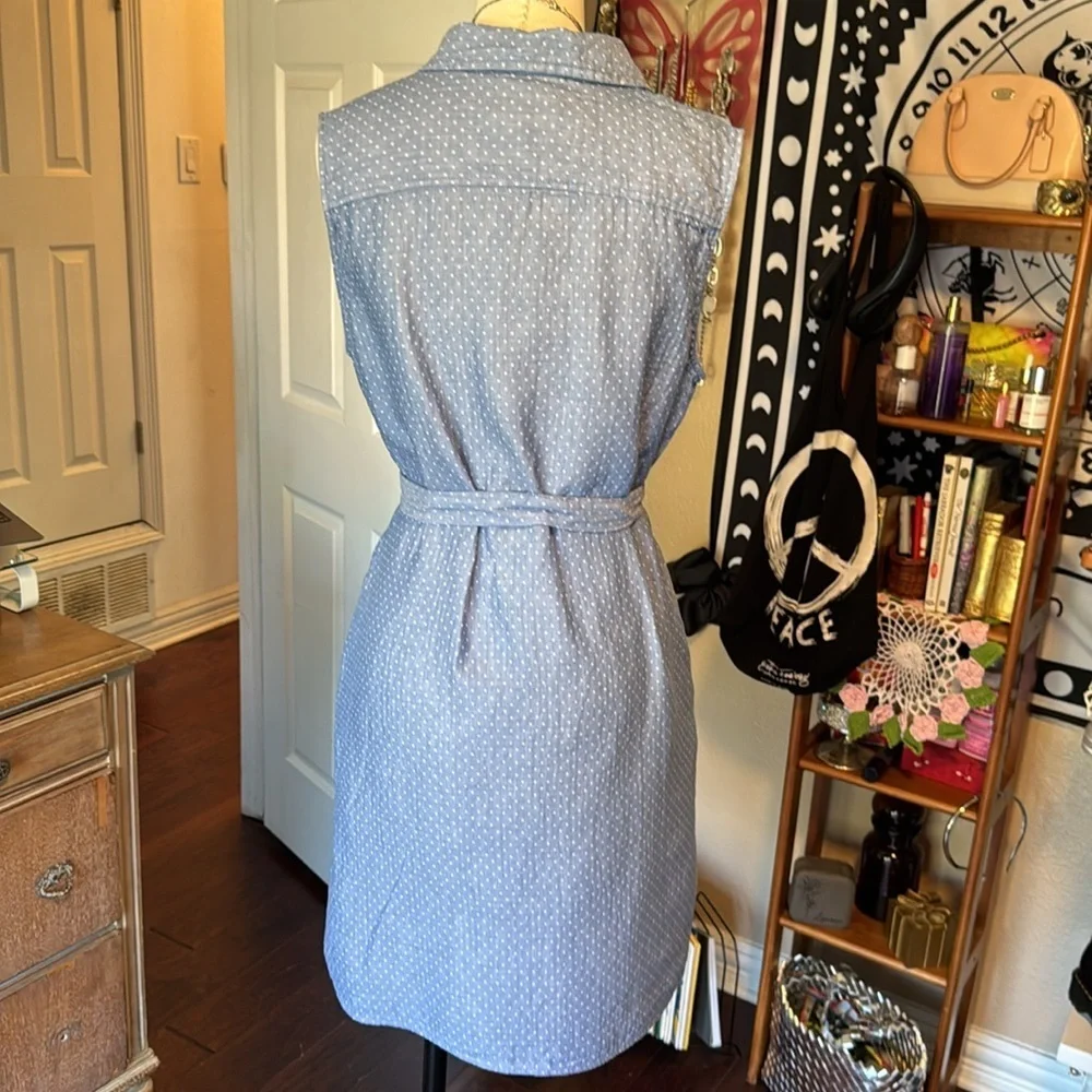 Tommy Hilfiger mini dress white polka dot/ blue collared belted half button sz10 - Picture 7 of 12